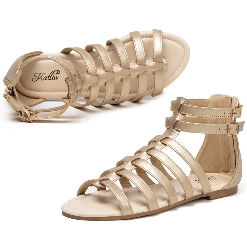 katliu Women's Gladiator Sandal Strappy Flat Sandals Two Ankle Buckle Gold 8 - Image 1